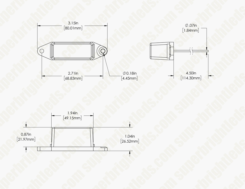 Rectangular LED Truck and Trailer Lights - 3-1/8” LED Side Clearance Lights - Pigtail Connector - Surface Mount - 6 LEDs