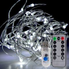 USB LED Fairy Lights w/ Remote Control - Silver Wire - 32ft