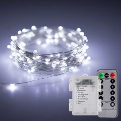 Weatherproof LED Fairy Lights w/ Remote Control - Battery Powered - Silver Wire - 32ft