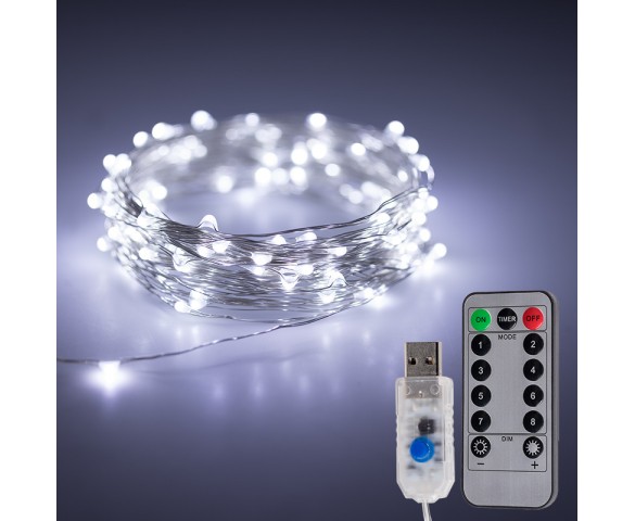 USB LED Fairy Lights w/ Remote Control - Silver Wire - 32'