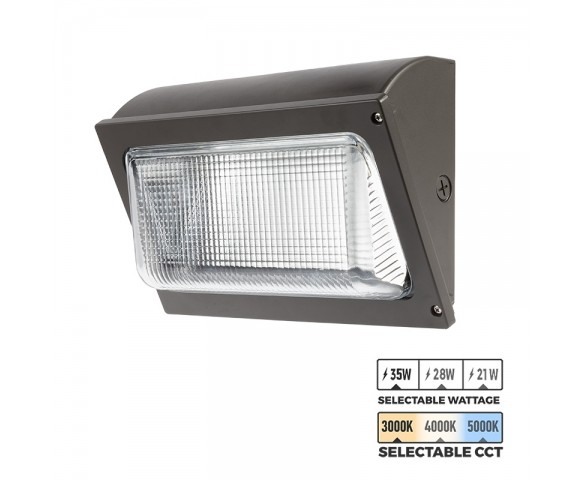 LED Wall Pack With Selectable CCT and Wattage - Glass Lens - 4,725 Lumens - 21W / 28W / 35W - 3000K / 4000K / 5000K