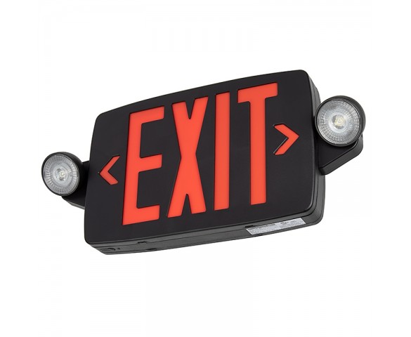 LED Exit Sign/Emergency Light Combo w/ Battery Backup - Single or Double Face with Black Finish - Adjustable Light Heads