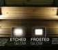 Face Plate for Rectangular LED Step Light - Open Window or Louvered: Etched Lights Shown On (Left) In Open And Louvered Face Plates Compared To Frosted Lights (Right). 