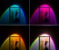 3 Watt Color Changing RGB LED MR16 Bulb: Cyan, Magenta, Yellow, and White color modes shown shining on a poster