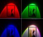 MR16-RGB3W-60 - Red, Green, Blue, and White color modes shown shining on a poster
