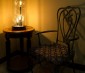 LED Vintage Light Bulb - Radio Style T8 LED Bulb w/ Gold Tint - Filament LED - Dimmable: Shown In Glass Table Top Lamp. 